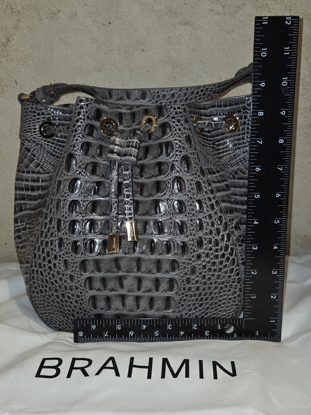 Brahmin Melinda Croc-Embossed Bucket Bag in Grey Plus 2 Additional Accessories - Picture 7 of 9
